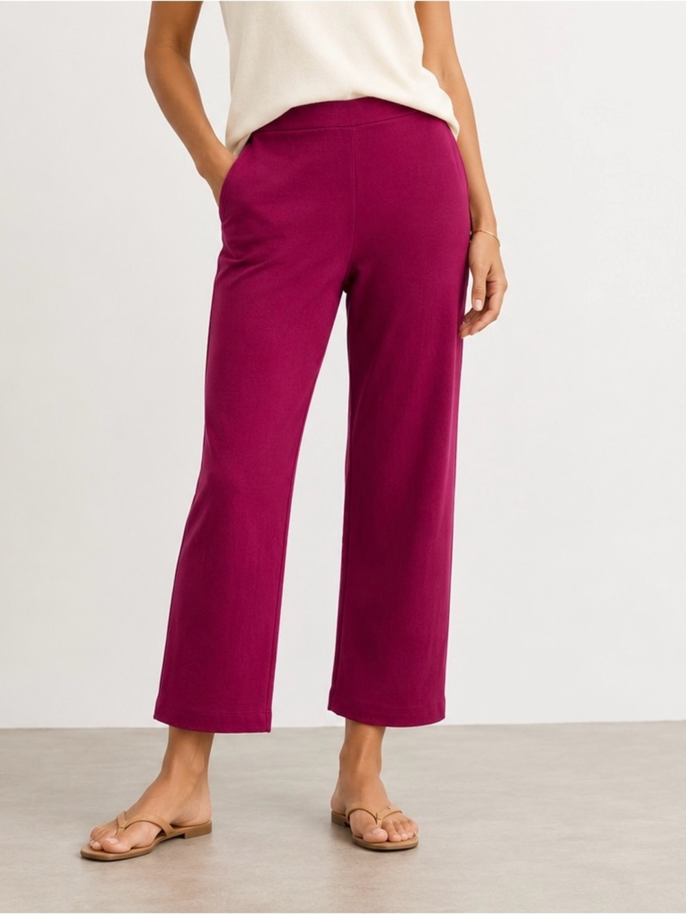 Eileen Fisher Cropped Wide-Leg Knit Pants in Magenta